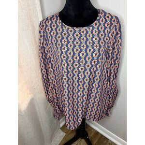Lime & Chili Blouse Navy Peach Chain Pattern Smocked Cuffs S